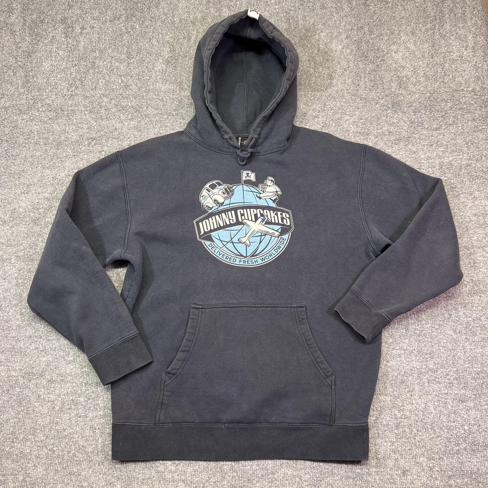 Johnny Cupcakes Hoodie Mens Medium Blue Fleece Pullover Graphic Sweatshirt